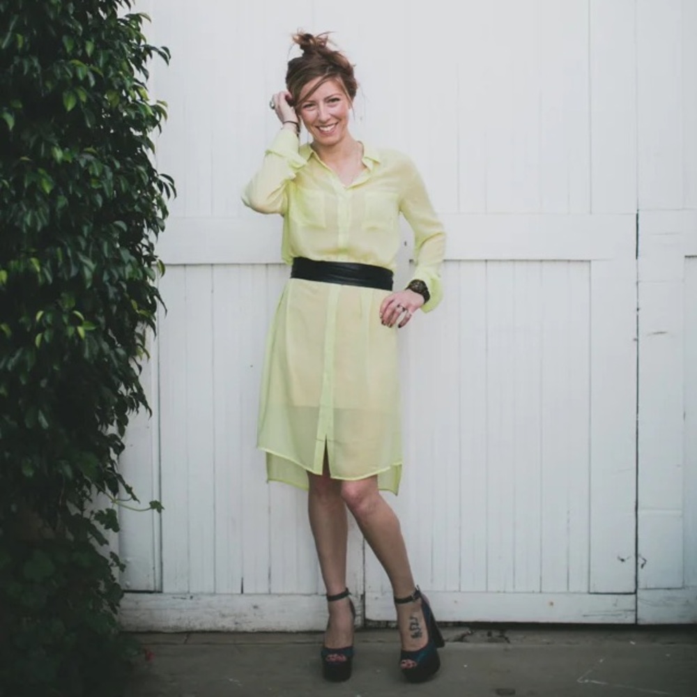 Trouve Sheer Pale Yellow High-Low Shirt Dress with Black Waistband